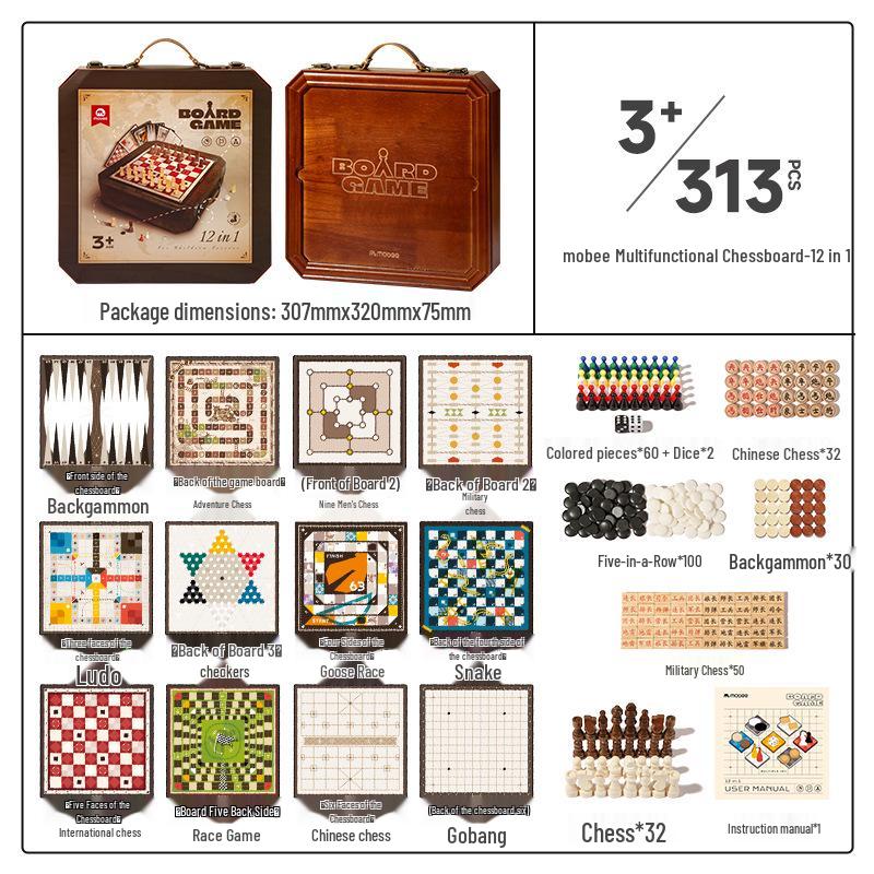 Mobee 12-in-1 Multi-Functional Wooden Board Game: Ludo, Five-in-a-Row, Chinese Chess, Go - Educational Toy for Kids.