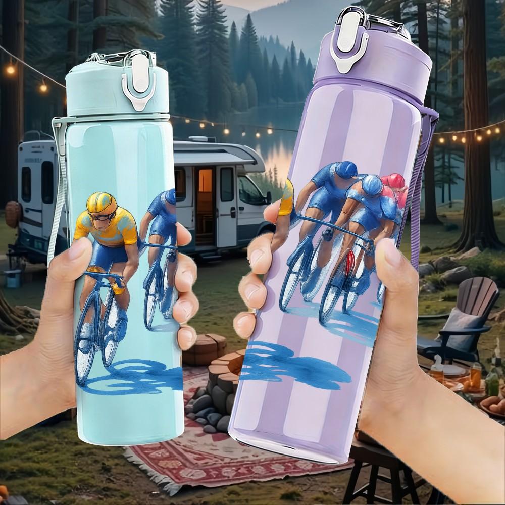 1PC Cyclist Group Silhouette Art 750ml Color Plastic Sports Water Bottle Leakproof Flip Straw Lid Suitable for Sports Office Home Use