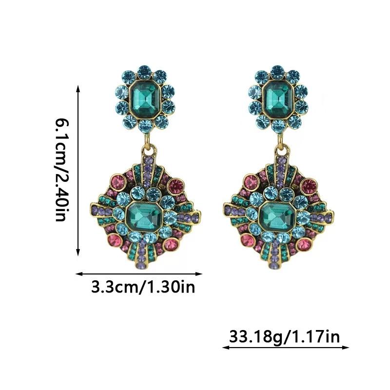 Colorful Geometric Zircon Long Earrings For Women, Sand Plated Vintage High-End Jewelry Gift