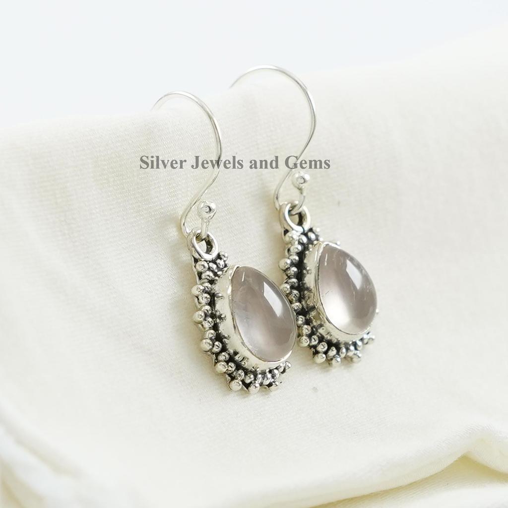 Rose Quartz Earring, Teardrop Earring, 925 Sterling Silver Earring, Gift for Wife, Capricorn Birthstone, Handmade Boho Earring