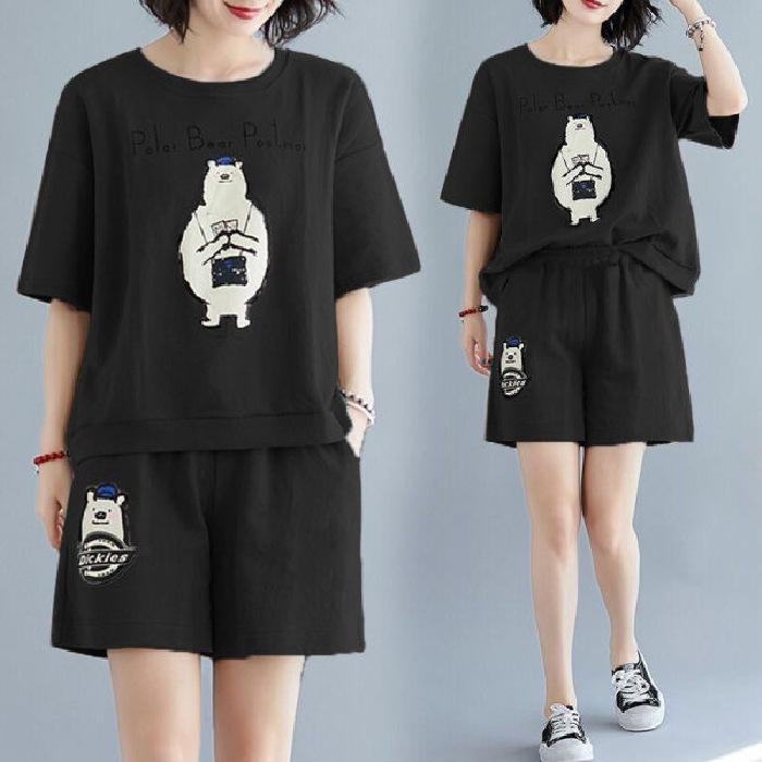 Fat Mm Large Size Casual Sports Suit for Women New Summer Korean Version Loose Slim Shorts Two-piece Set