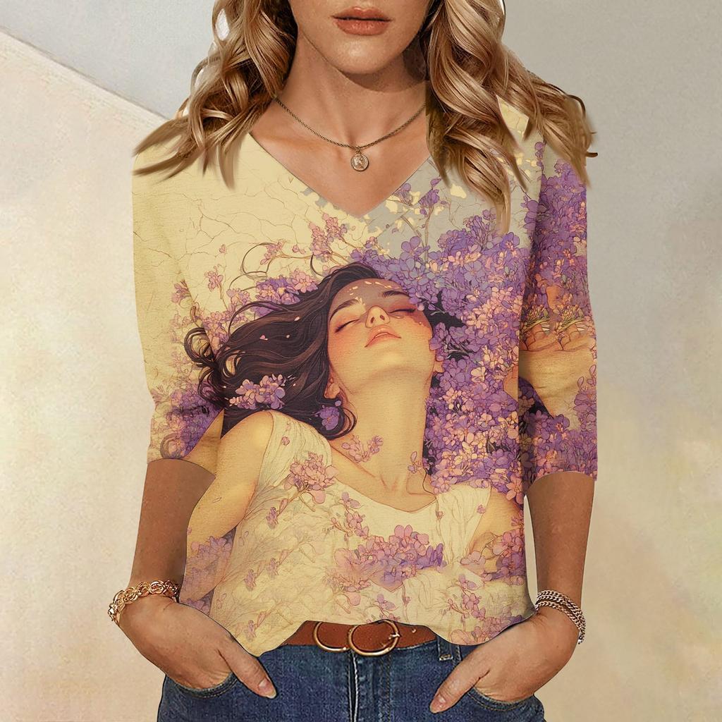 Women's Tops Three-quarter Sleeve Shirt V-neck Loose Casual Shirt Character Printed T-shirt