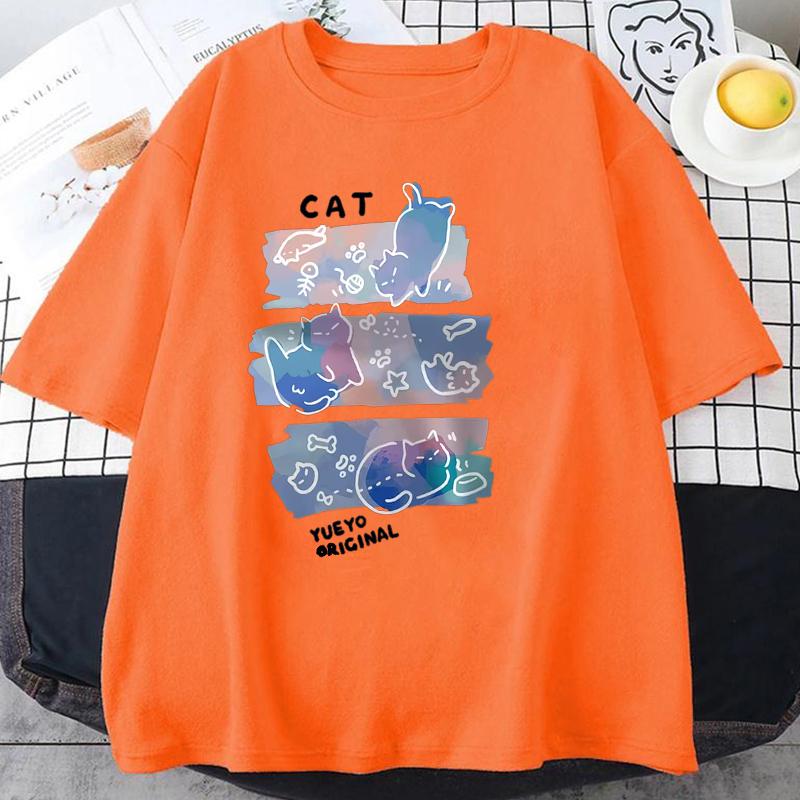 Fun Mischievous Cat Print Japanese Style T-Shirts Men Women Fashion Tshirs Breathable Summer T-Shirts Cotton Loose Tee Clothes