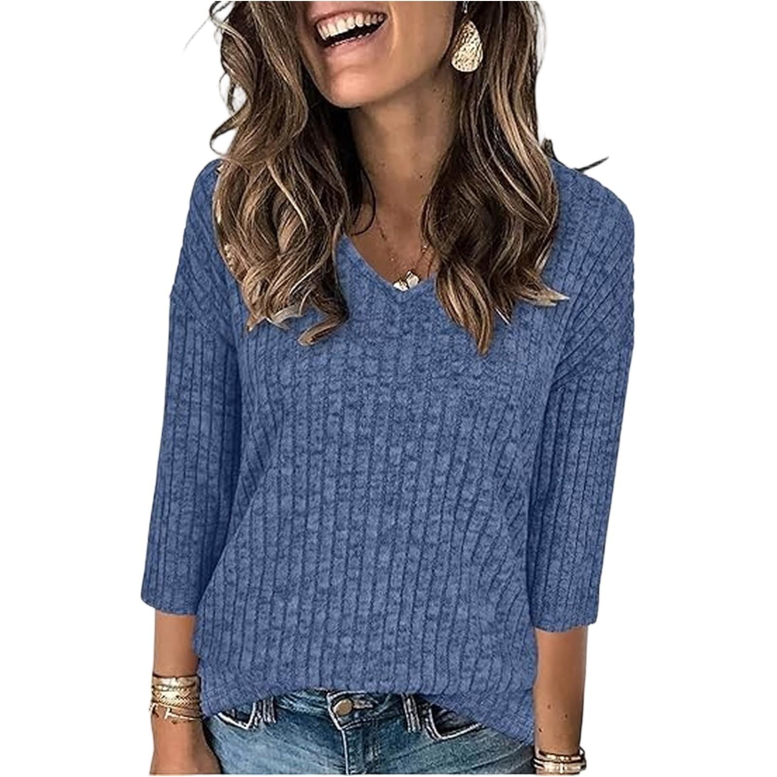 

Women s solid-color fashionable 7-quarter sleeve top L синий