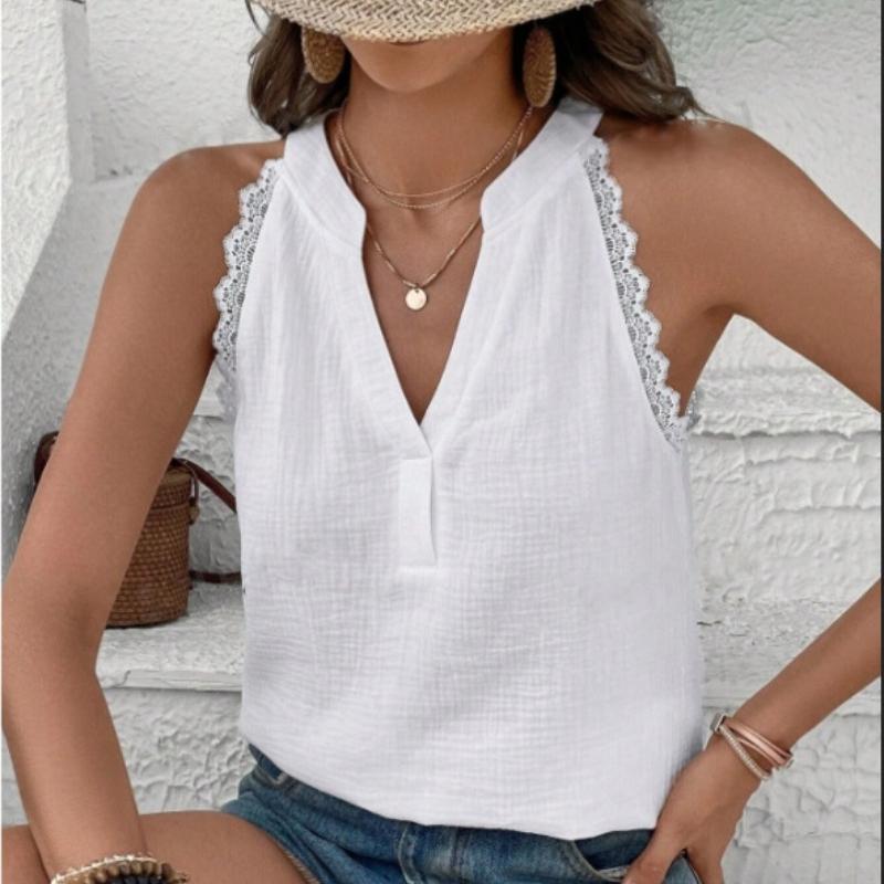 Fashion New Solid V-neck Loose Casual Shirts Women Sleeveless Lace Splicing White Blouses for Women Summer Clothing Vintage Slim Fit Shirt Tops 26642