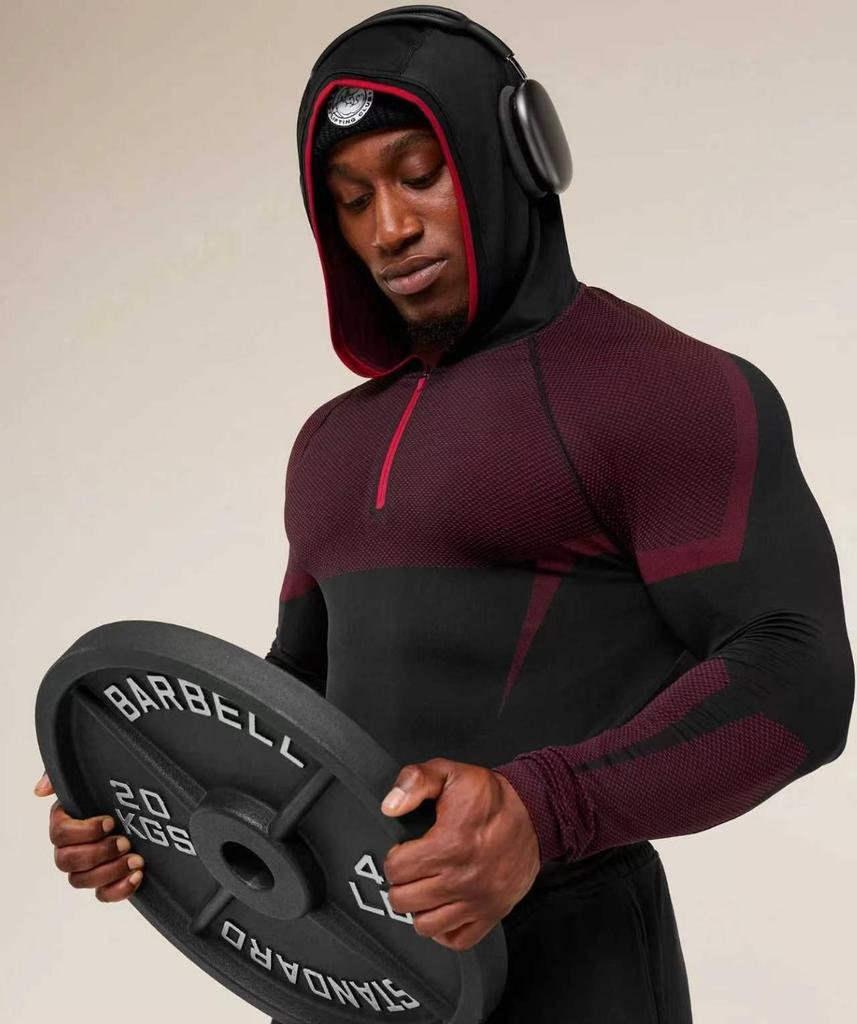 GYMSHARK Men's Onyx High Stretch Long Sleeve Hooded Fitness T-shirt