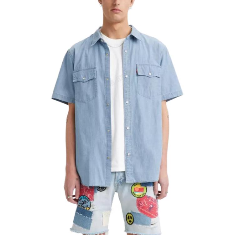 Levis Solid Color Single-Breasted Fitted Short Sleeve Shirt Men Shirts Light-Blue A5722-0008