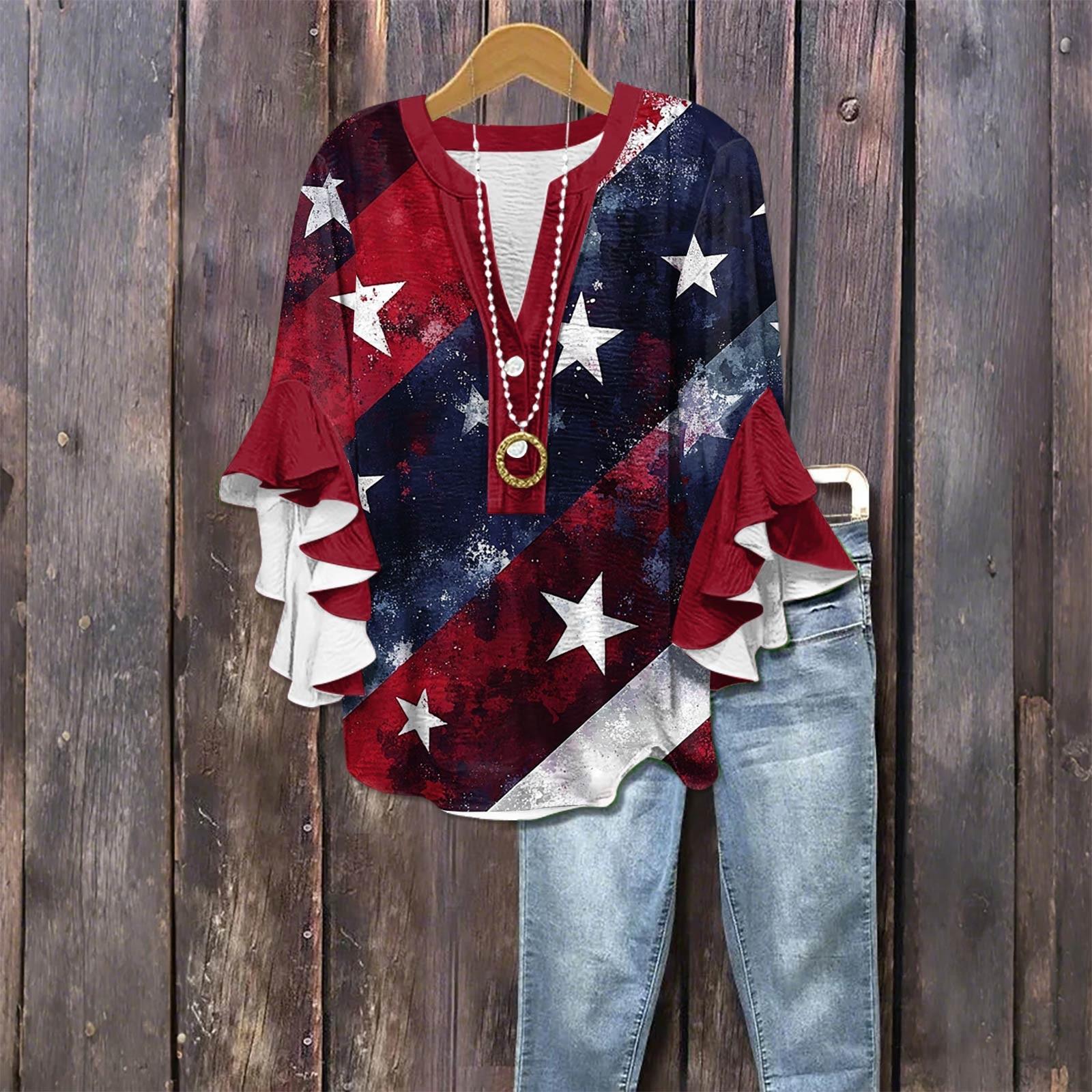 Women s Patriotic Floral Blouse with Ruffled Sleeves, American Flag Print, Casual Loose Fit Top, Summer Fashion S