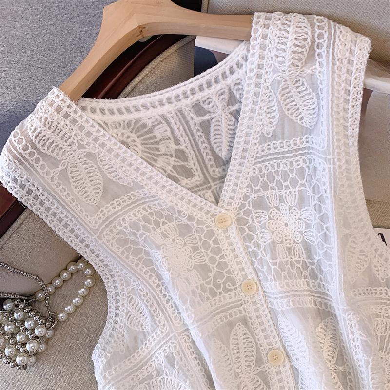 DIMANAF 2025 New Short Vest T-Shirt Women Sleeveless Buttons Knitting Lace Vest V-Neck Summer Style Basic Tops Tees Loose Clothing