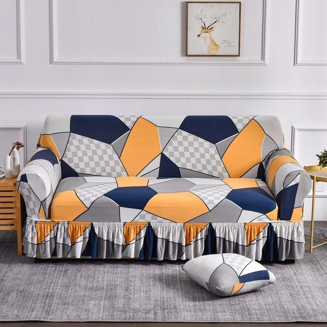 Printed Ruffled Skirt Sofa Cover Stretch Couch Slipcover Washable Furniture Protector Easy Fit Living Room Decor