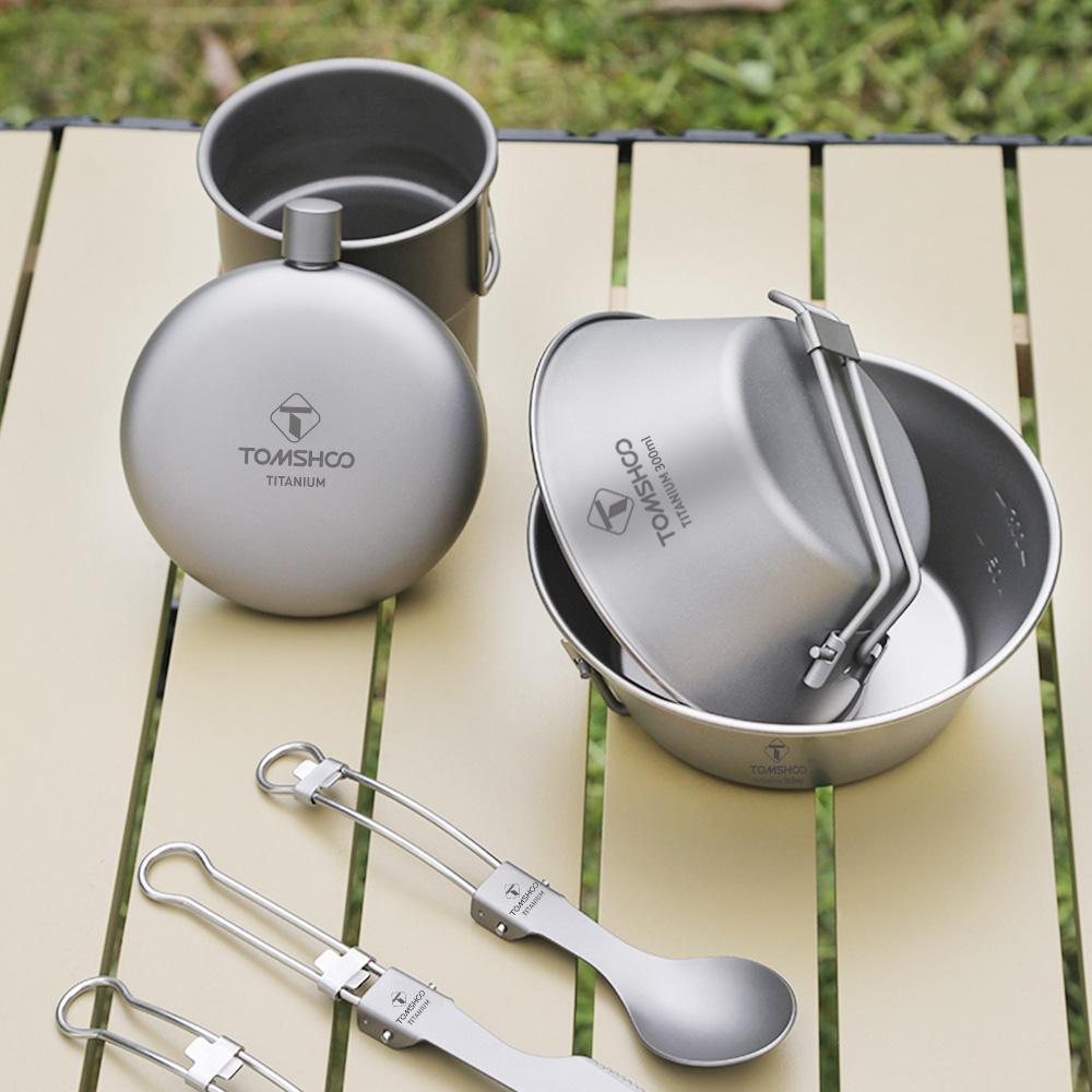 TOMSHOO Travel Cutlery Portable Camping Bowl Titanium Bowl with Folding Handle