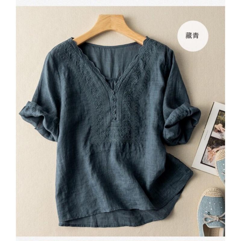 Women S Vintage Literary 3 4 Sleeve Embroidered V Neck Cotton Linen Shirt