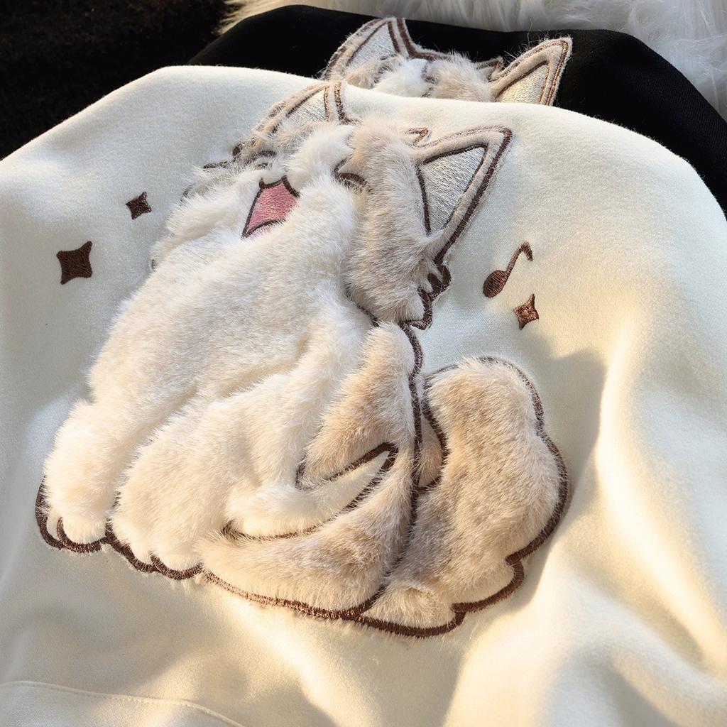 Japanese cute cat 3D three-dimensional flocking hooded sweater women's 2025 new loose student pullover jacket
