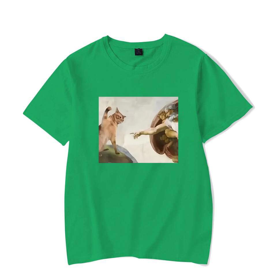 Lustiges Katzen Gott Adam Schöpfung Meme Muster Unisex Damen T-Shirt Lässig Kurzarm Jesus Bild Unisex T-Shirt Rundhals Tee Tops