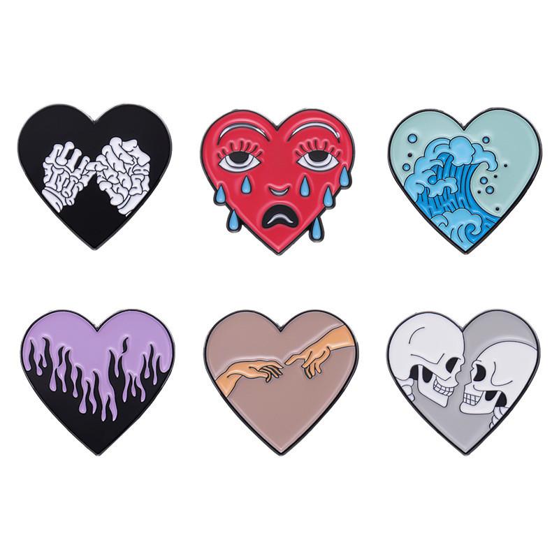 Creative Heart Shaped Metal Brooch With Unique Flame And Skull Design For Trendy Style