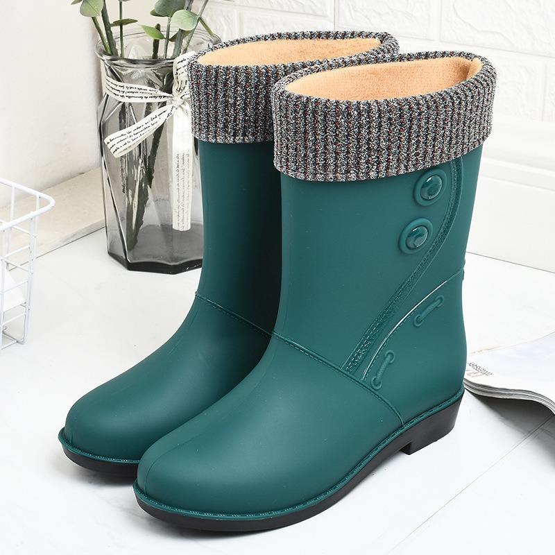 Fashion Velvet Rain Shoes Women's Warm Mid-tube Rain Shoes Winter Solid Color Low-heeled Non-slip Snow Boots Going Out Rubber Shoes