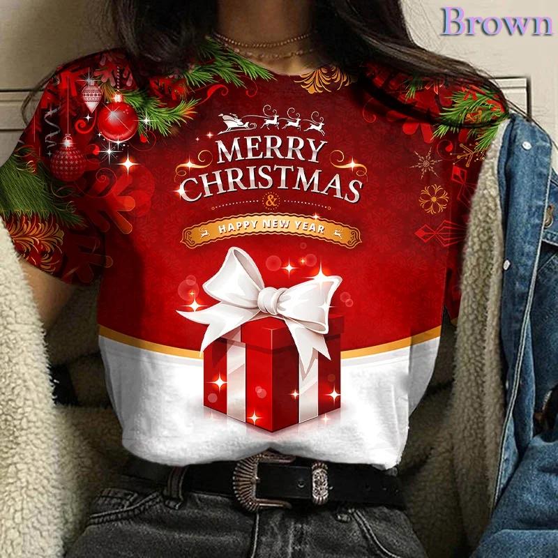 

2025 Женские Рождественские 3D Топы с коротким рукавом и круглым вырезом Корейская мода Рождественские Оверсайз 3XL