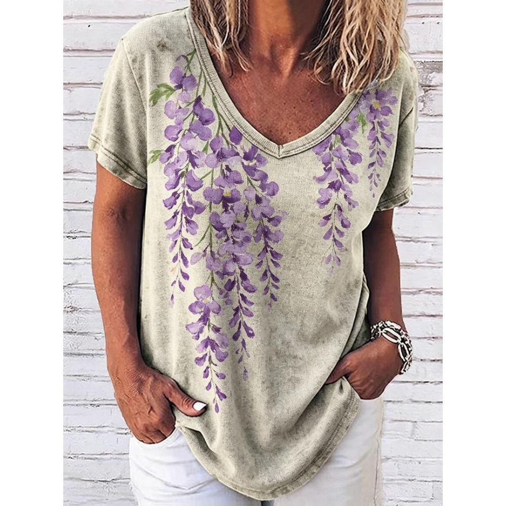 Women's Pansy Floral Print V Neck T-Shirt, Short Sleeve Casual Vintage Tops, Daily Wear for Spring & Summer
