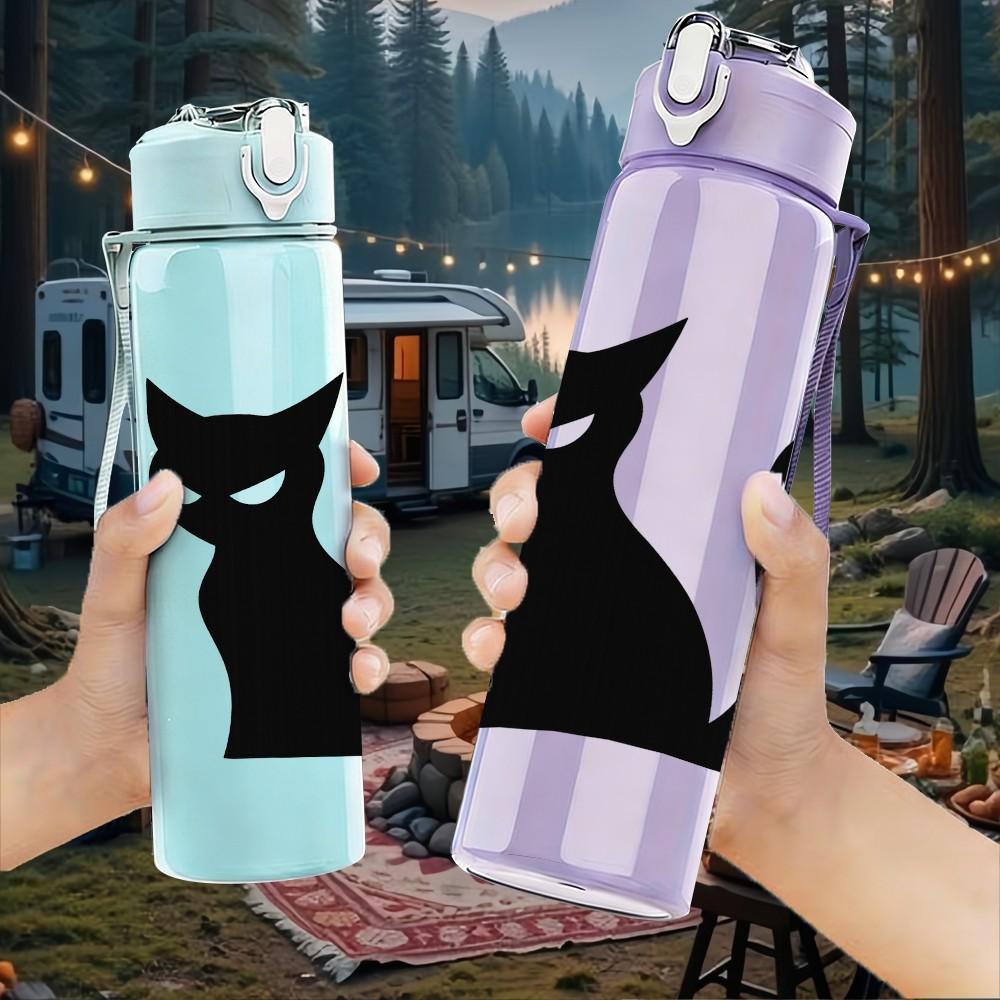 1PC Black Cat Silhouette 750ml Color Plastic Sports Water Bottle Leakproof Flip Straw Lid Suitable for Sports Office Home Use