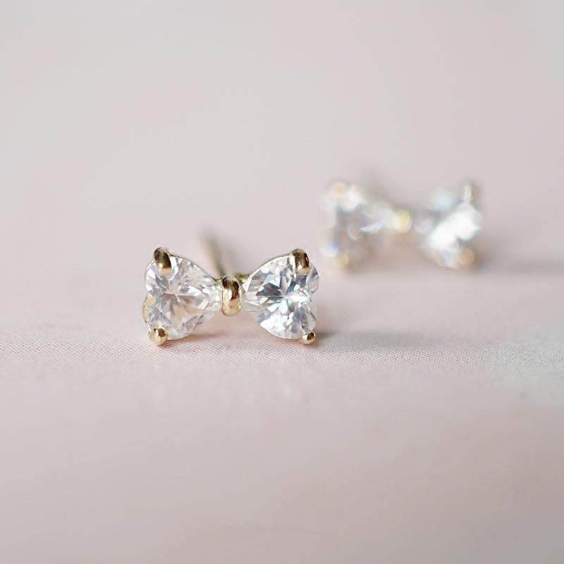 925 Sterling Silver Plating 14k Gold Inlaid Crystal Simple Bow Earrings Women Small Cute Student Girlfriends Jewelry Accessories