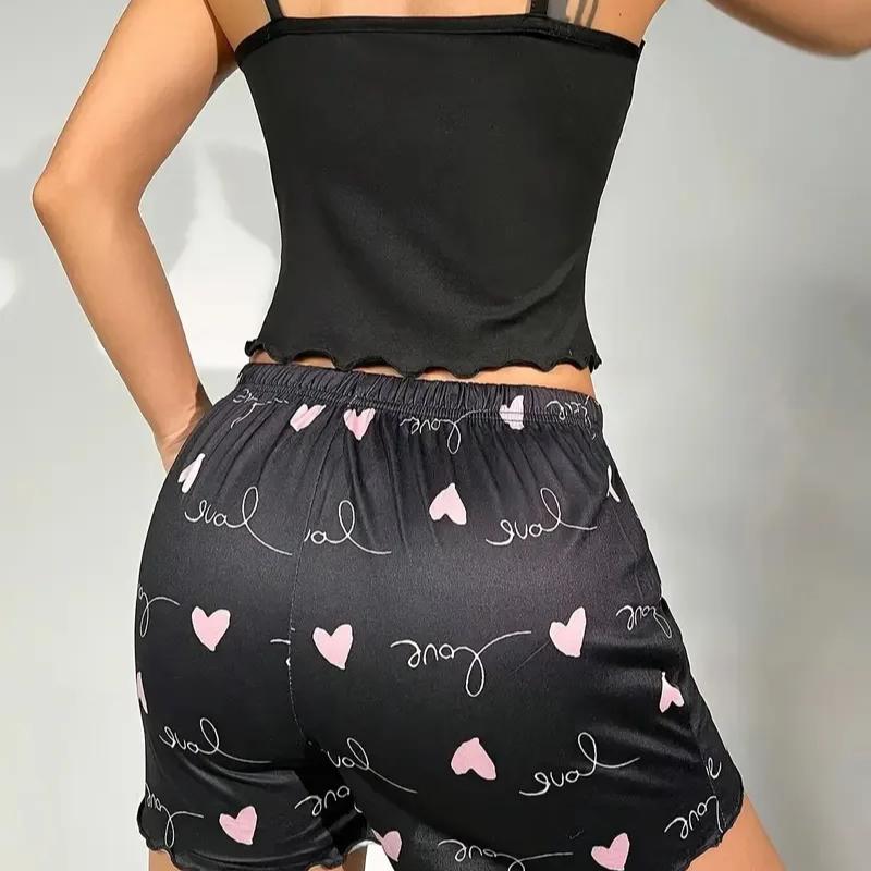 Damen Milchseide Pyjama Set Bedrucktes Camisole und Shorts Zweiteiliges Sommer Komfort Homewear Sexy Loungewear Outfit