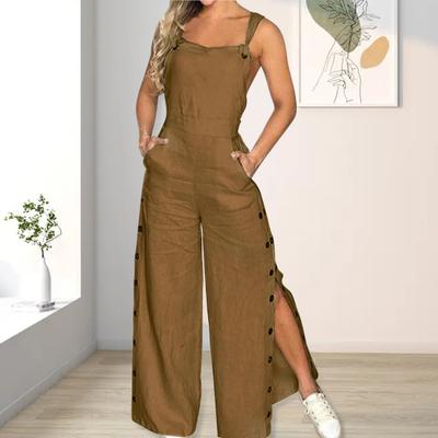 Ärmelloser Damen-Overall mit weitem Bein, Seitentaschen und Knopfverschluss, einfarbig, lockerer Strampler mit geradem Bein für das Sommeroutfit von Frauen und Mädchen