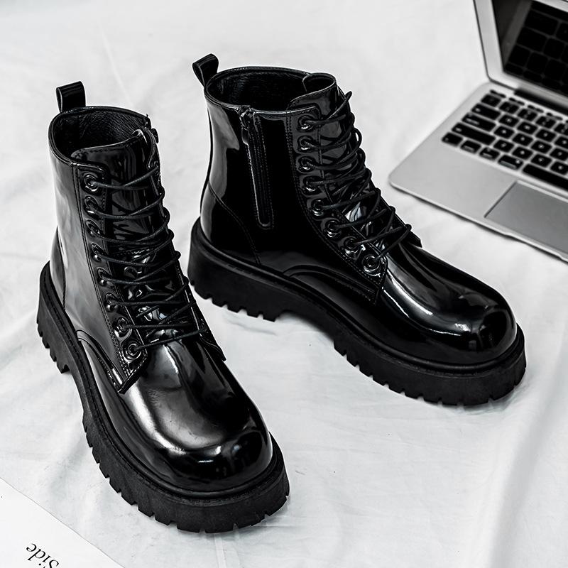Glossy Martin Boots Men's High-top Zipper Locomotive Boots Velvet Cotton Autumn and Winter Men's Boots Thick-soled Heightening Tooling Leather Boots