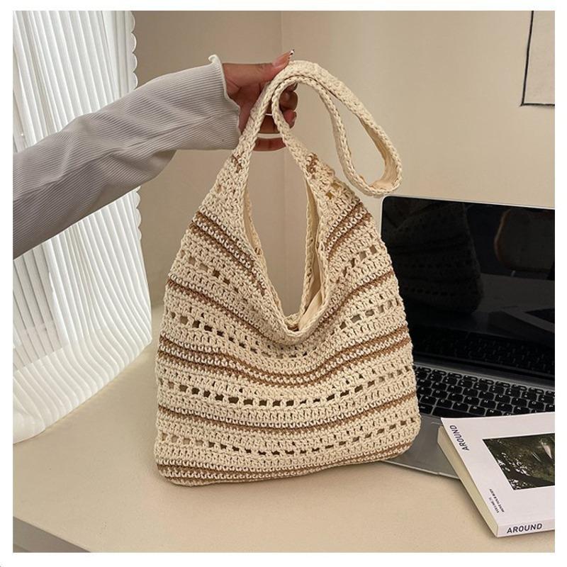 New Striped Cotton Thread Straw Bag Handwoven Bag Shoulder Handbag Large Capacity Resort Beach Tote Bag Women