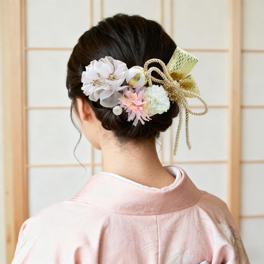 FASELE Japanese-style Hair Ornament Set (10 Pieces) - Artificial Flowers, Hairpins, U-pins, Ping Pong Chrysanthemums, Ribbons, Baby's Breath,