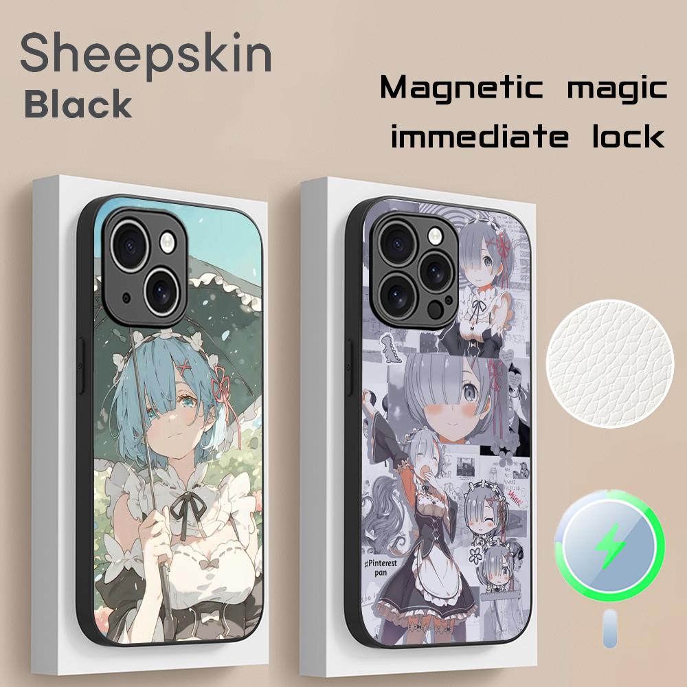 Coque de téléphone motif anime classique fille mignonne Re zero Pour iPhone 17 16 15 14 13 12 Plus Pro Max Haut de gamme Luxe Magsafe Peau de mouton
