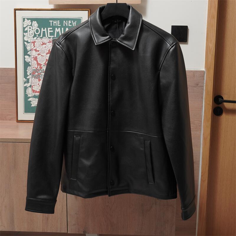 Men's lapel button decoration black beige imitation leather jacket PU leather jacket men's jacket trendy casual