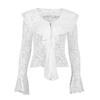 Womens White Lace Blouse With Ruffled Trim Bell Sleeves Slim Fit Office Wear 2025