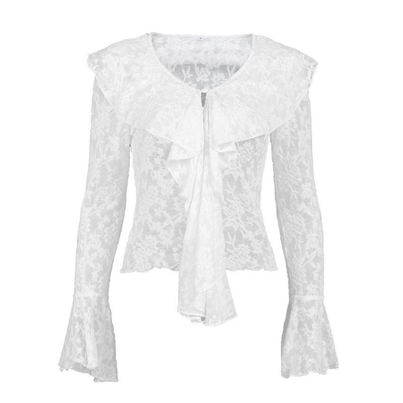 Womens White Lace Blouse With Ruffled Trim Bell Sleeves Slim Fit Office Wear 2025