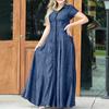 Women Lapel Short Sleeve Denim Dress Patch Pocket High Waist Ruffle Hem A-Line