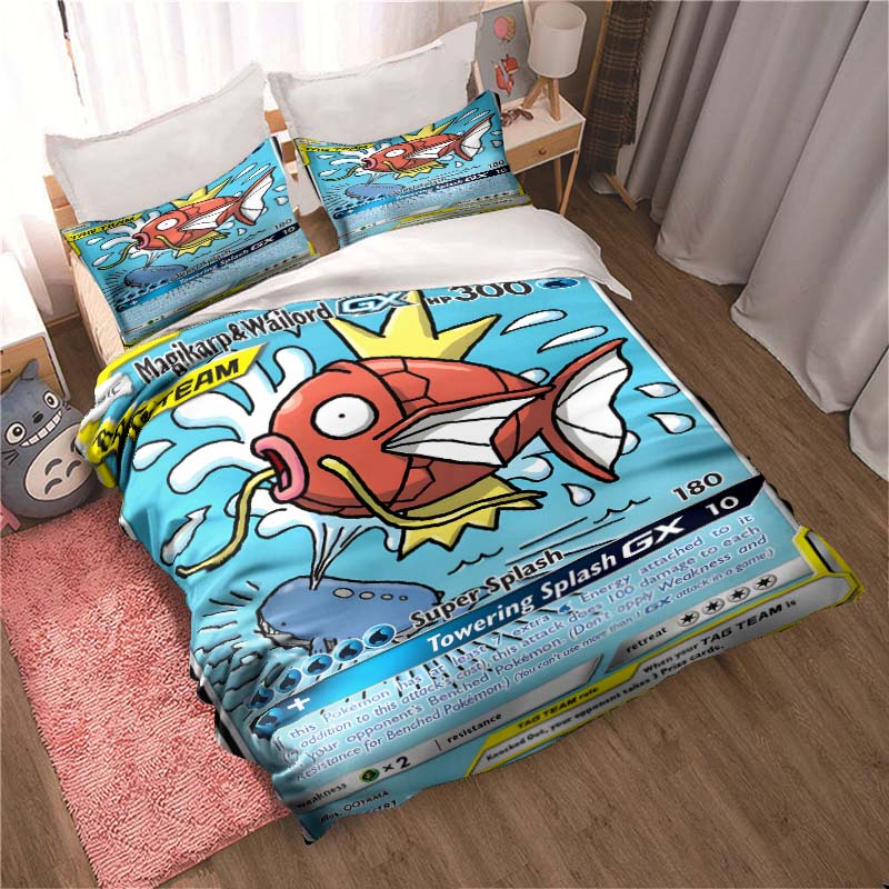 Bedding sets featuring various Pokémon card designs and sizes—including soft duvet covers and pillowcases—suitable for teenagers
