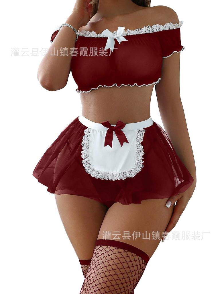 Sexy Lace Shoulder Maid Dress Seduction Cosplay Uniform Sexy Lingerie Set