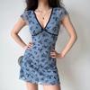 Homemade European and American style retro deep v floral dress swimsuit women's waist slim and thin a-shaped skirt slightly fat summer