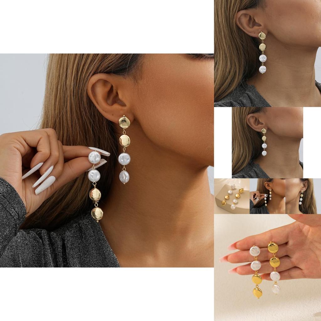 Chic Long Gold Round Pearl Earrings Minimalist Geometric Design For Women 2023