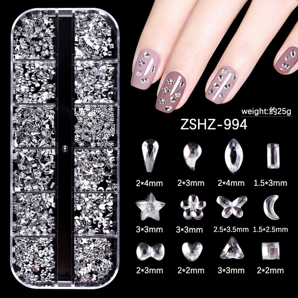 Nail Art Schmuck 12 Gitter Silber Mini Speziell geformter Diamant Acryl Stern Liebe Wassertropfen Schleife Gemischt Flachboden Diamant