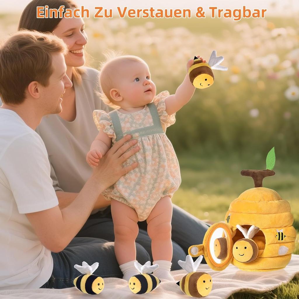 Babyspielzeug 6-12 Monate, 6-in-1 Baby-Bienenstock mit 5 Bienen Montessori Sensorisches Spielzeug mit Scheune, Rassel, Spiegel, Pädagogische Spiele für Kinder und Motorik