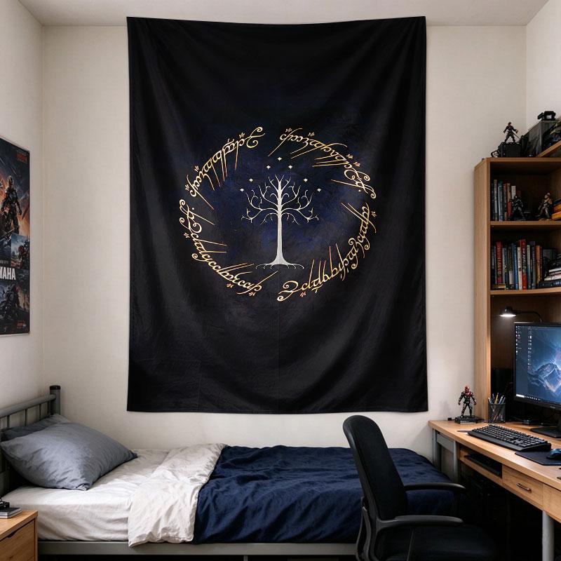 Lord of the Rings White Tree, black field with the White Tree of Gondor inside a ring of gold elvish script, rich saturated color, wall tapestry