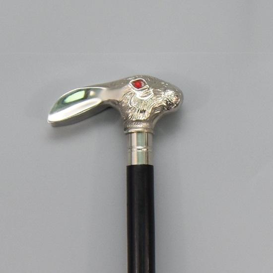 Walking Stick, Wooden Cane, Handle In Shape of Rabbit, Hare's Head, Black and Silver