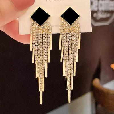 Exaggerated Square Long Tassel Earrings with 925 Silver Needle - Fashionable Luxury Statement for Socialites