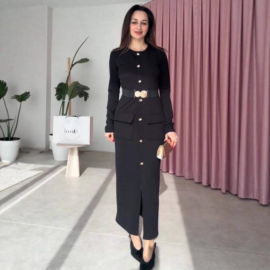 2025 Women s Fashion Waist-Cinching Belt Button Dress XXL чёрный
