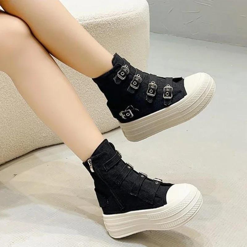 Fashion 8CM Wedge Heels Sneakers Canvas Shoes Women's 2024 Spring And Utumn New Fashion All Casual Thick Ventilate Soled Board Shoes