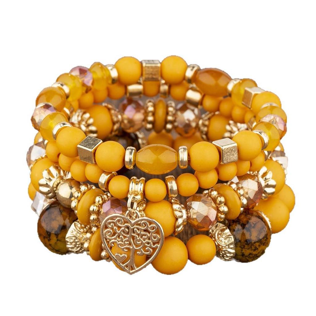 Boho Multi-layer Beaded Bracelet with Heart, Tree of Life, and Crystal Pendants