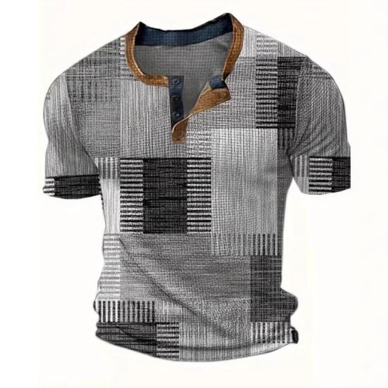 European and American semi-cardigan, casual short-sleeved digital printing slim-fit pullover Henry T-shirt top men's clothing
