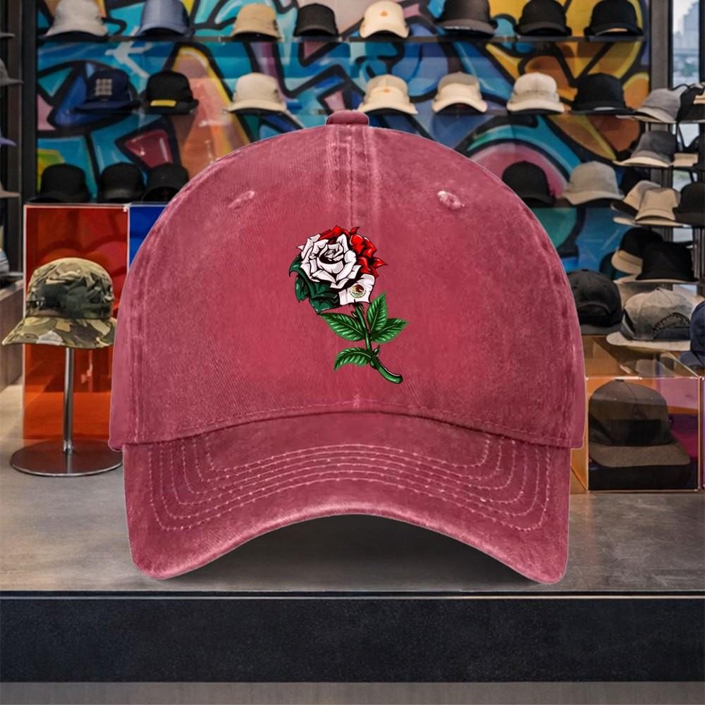 Mexican Flag Rose Washed Baseball Cap Cotton Adjustable Retro Streetwear Hat for Unisex
