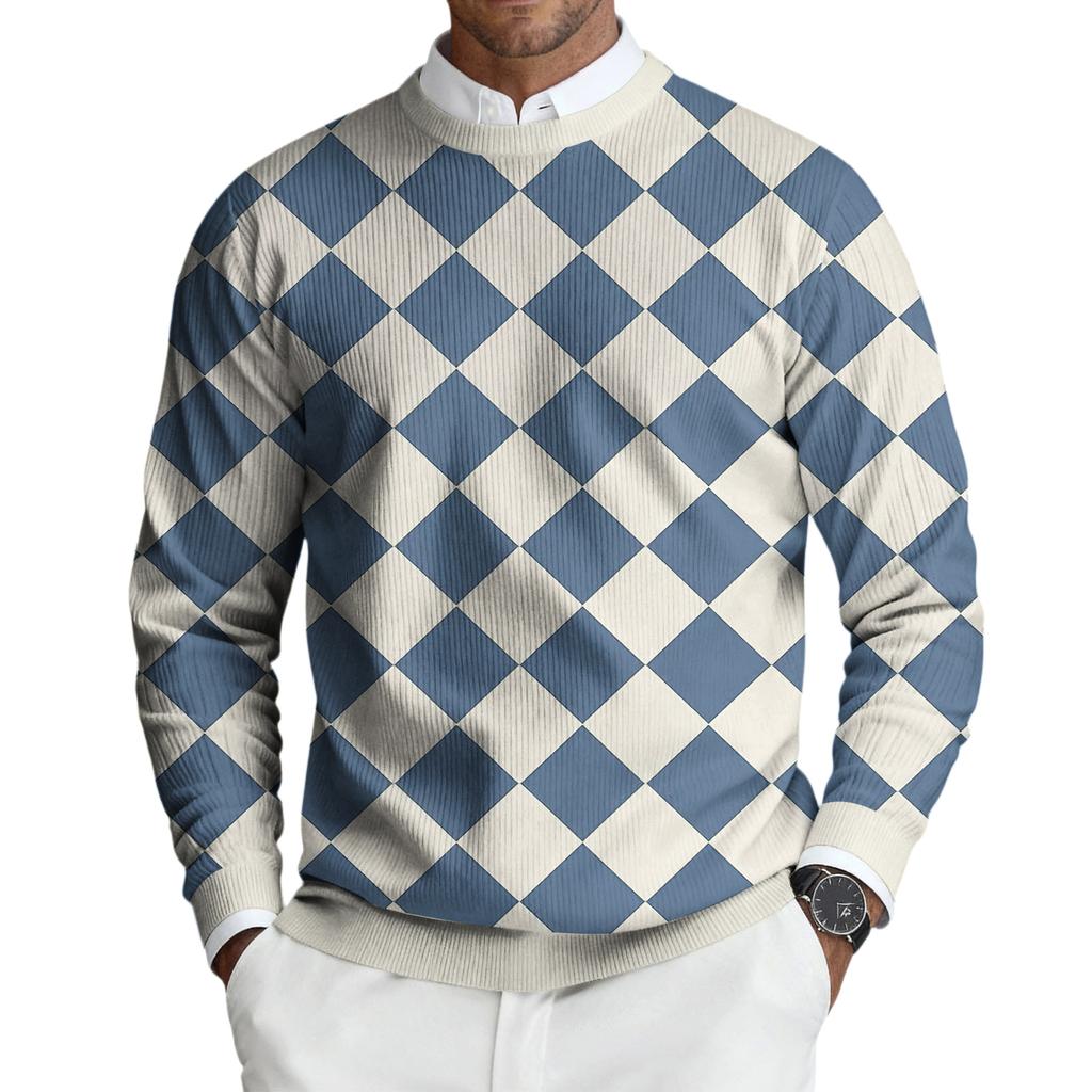 Męski sweter z okrągłym dekoltem, długim rękawem i prążkowanej dzianiny