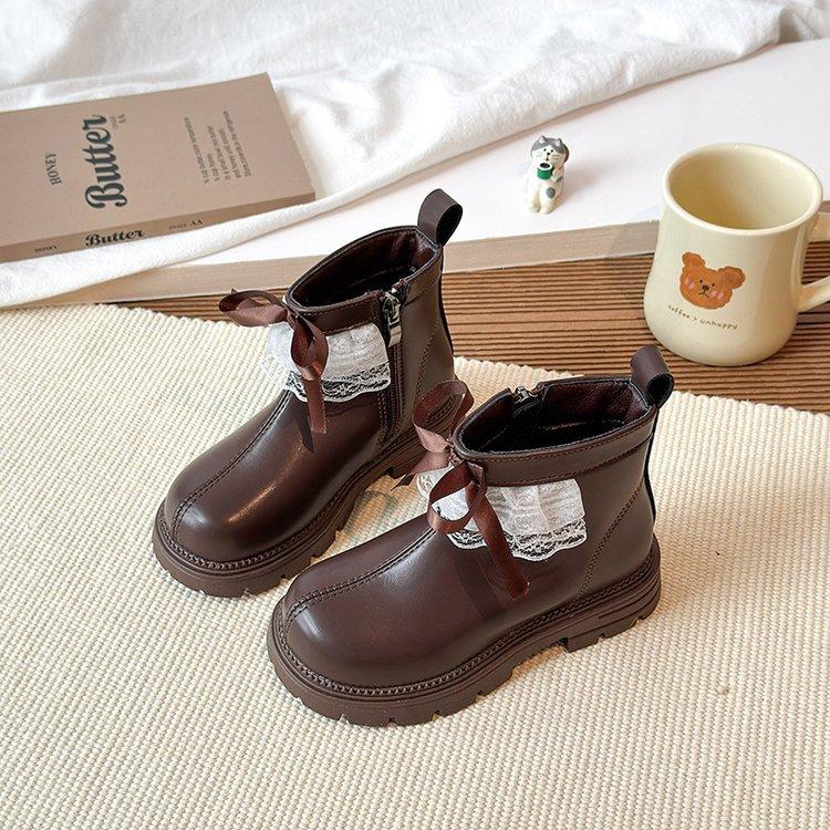 Korean version of girls' velvet short boots 2025 autumn and winter new girls' retro bow princess boots warm Martin boots